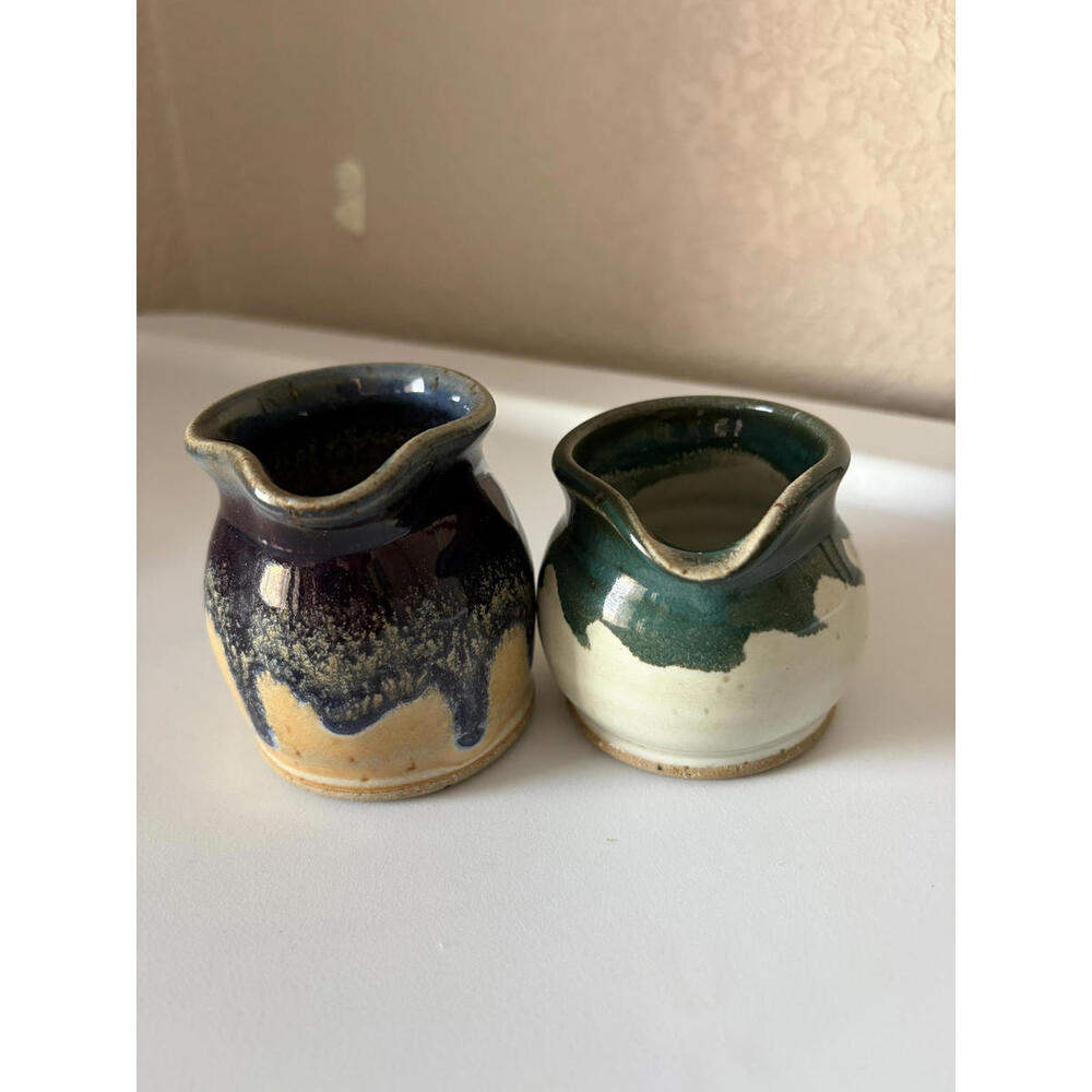 (2) Handmade Studio Pottery Creamers with Pinch Spout Pitchers